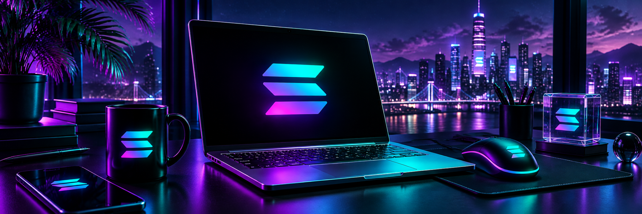 A calm SOLTOP workspace overlooking a neon city