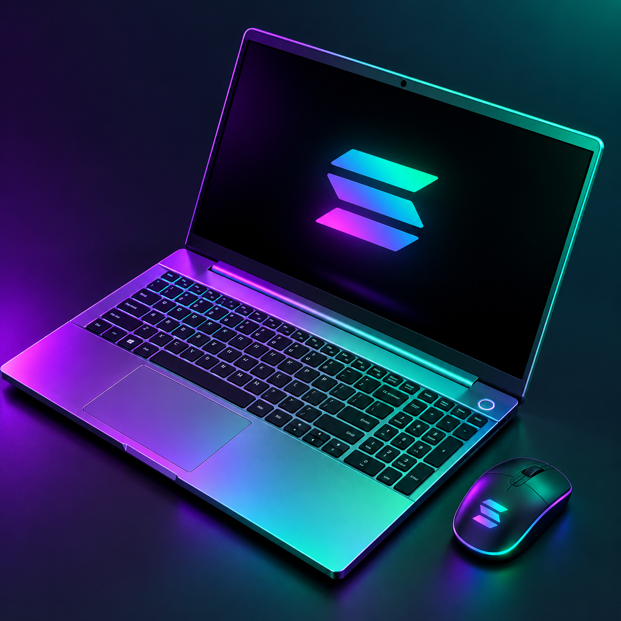 SOLTOP laptop glowing with Solana colors